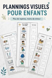 Une illustration montrant des enfants utilisant un planning visuel coloré pour organiser leurs tâches quotidiennes.