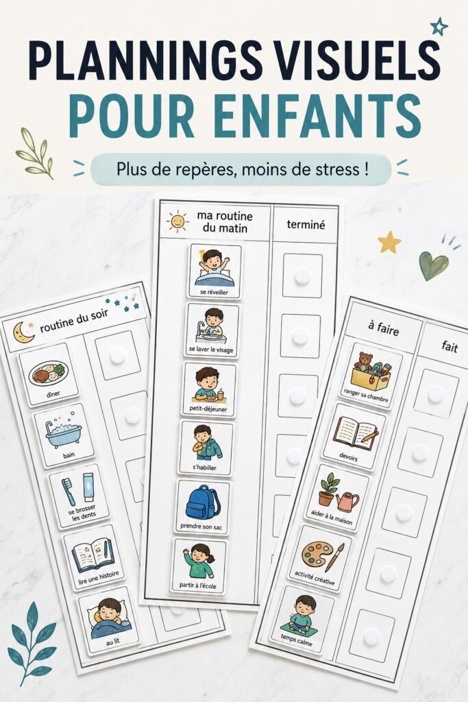 Une illustration montrant des enfants utilisant un planning visuel coloré pour organiser leurs tâches quotidiennes.