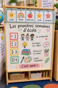 Un enfant heureux avec son cartable devant l'école, prêt pour la rentrée.