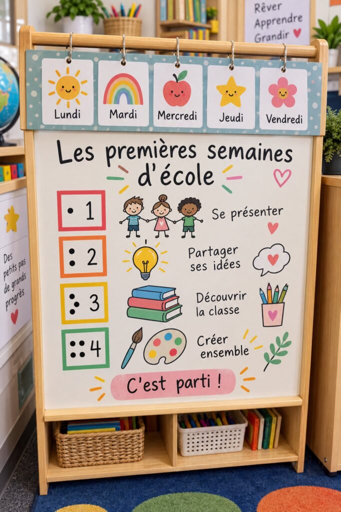 Un enfant heureux avec son cartable devant l'école, prêt pour la rentrée.