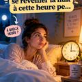 Un homme se tient assis sur son lit la nuit, montrant des signes d'insomnie et de perplexité.