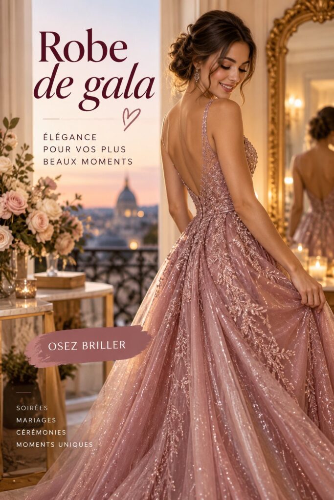 Femme portant une robe de gala élégante lors d'un événement élégant, mettant en valeur la mode festive.