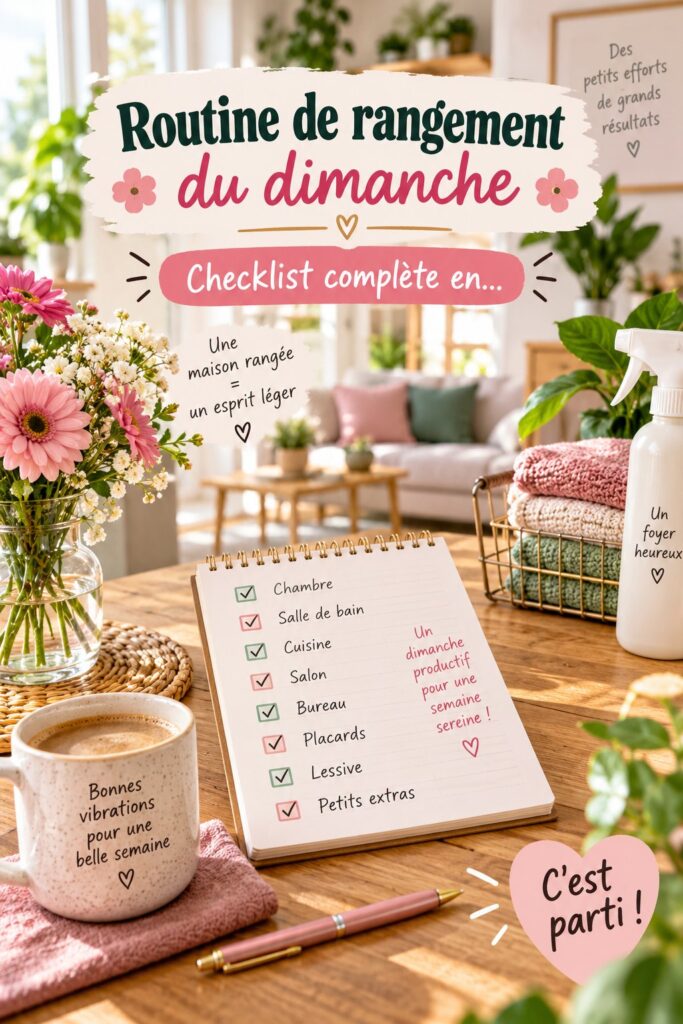 Famille en train de ranger la maison le dimanche avec une checklist.