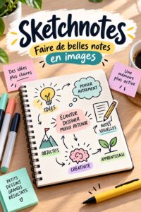 Une belle illustration de sketchnotes montrant des notes visuelles colorées sur un plan de révisions.