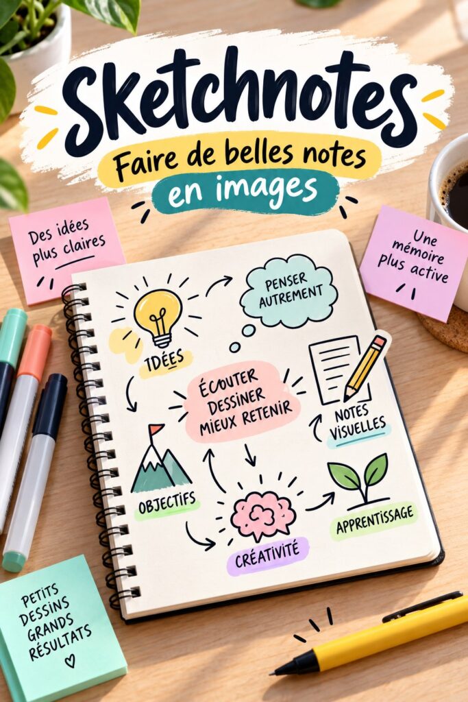 Une belle illustration de sketchnotes montrant des notes visuelles colorées sur un plan de révisions.