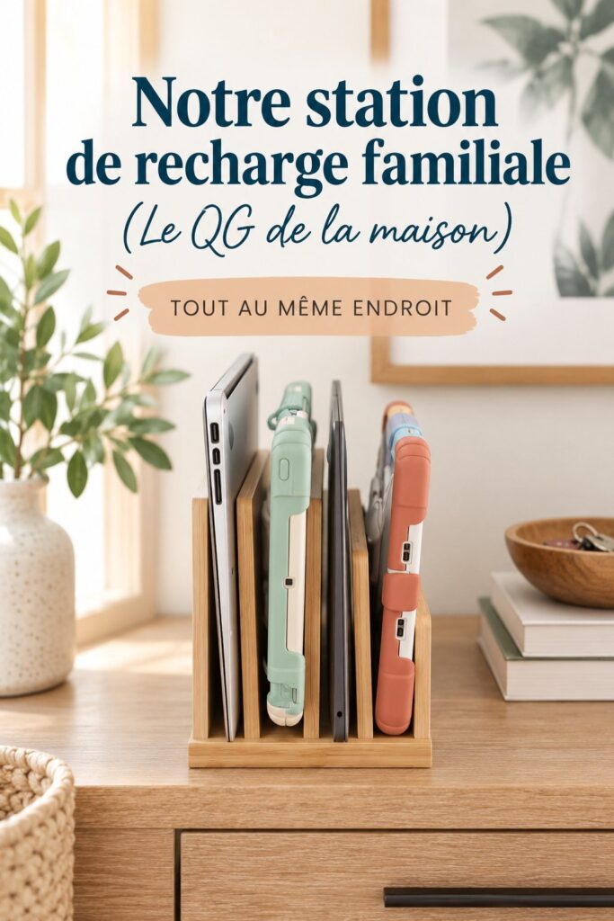 Une station de recharge familiale bien organisée avec plusieurs appareils.