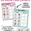 Tableau coloré de routine matinale pour enfants affiché sur un mur de chambre d'enfant.