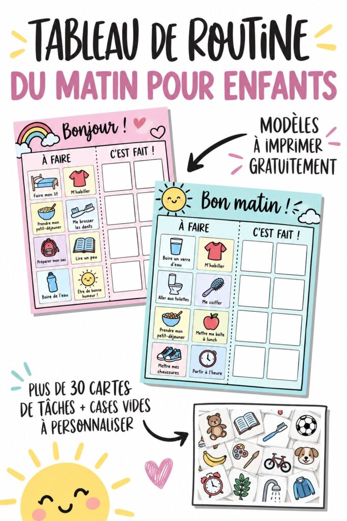 Tableau coloré de routine matinale pour enfants affiché sur un mur de chambre d'enfant.