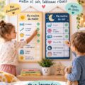 Tableau de routine coloré pour enfants affiché dans une chambre
