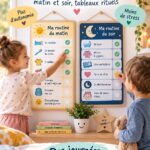 Tableau de routine coloré pour enfants affiché dans une chambre