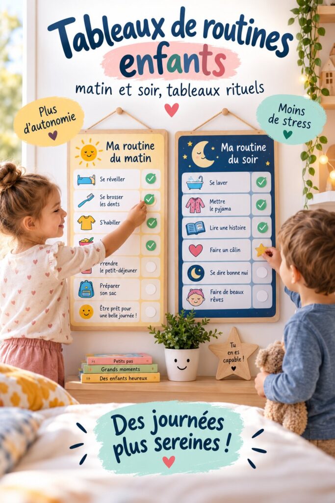 Tableau de routine coloré pour enfants affiché dans une chambre