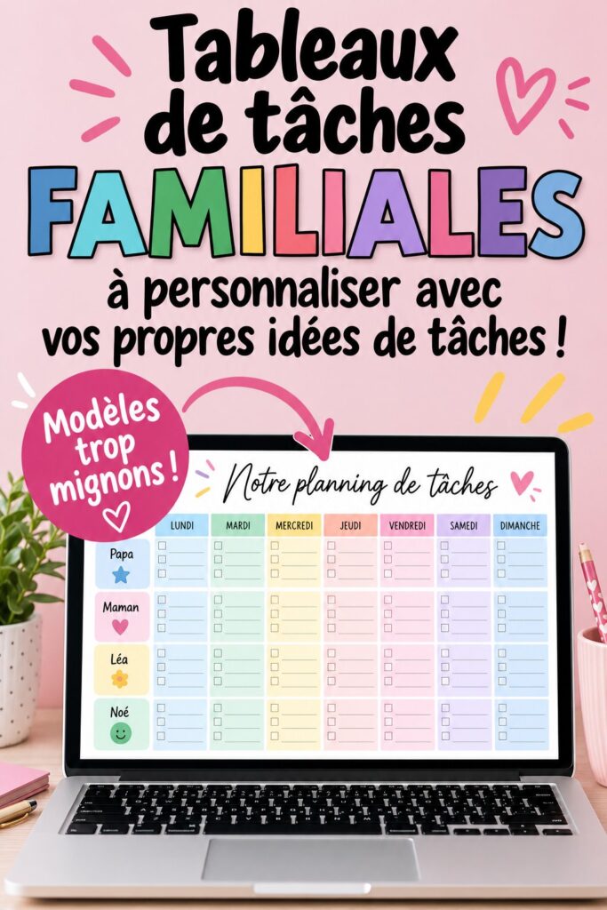 Tableau de tâches familiales coloré et personnalisé avec des espaces pour les corvées des enfants.