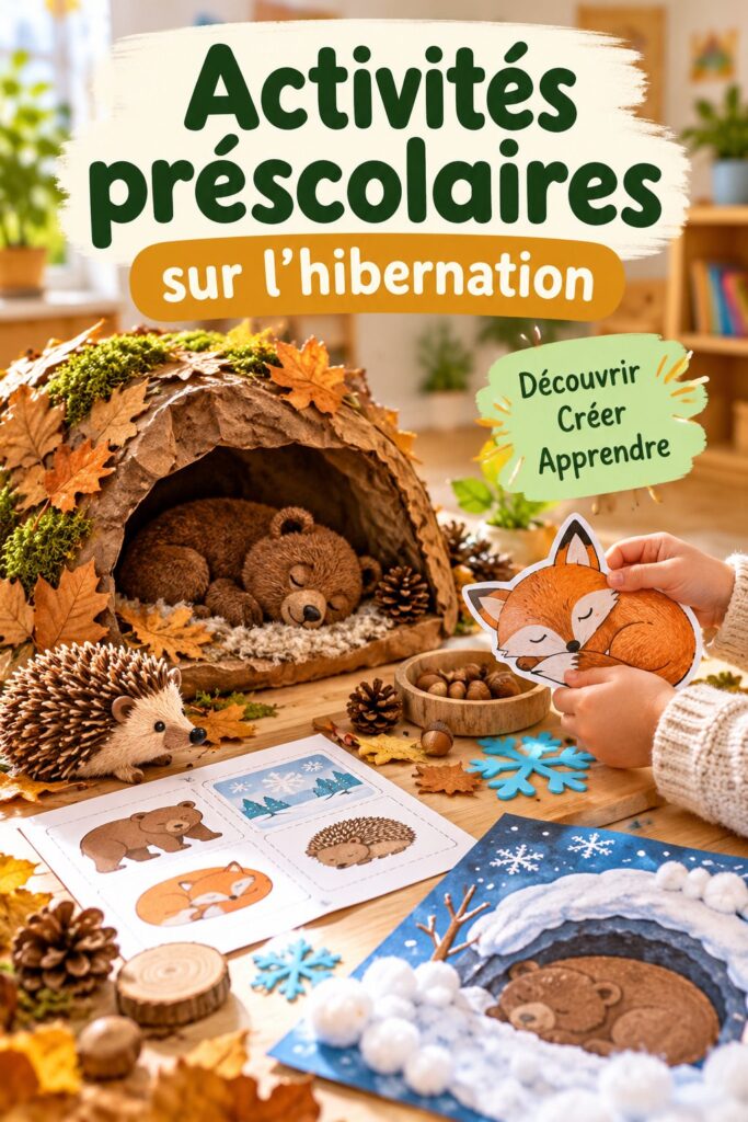 Activités ludiques pour enfants sur l'hibernation avec des illustrations de différents animaux.