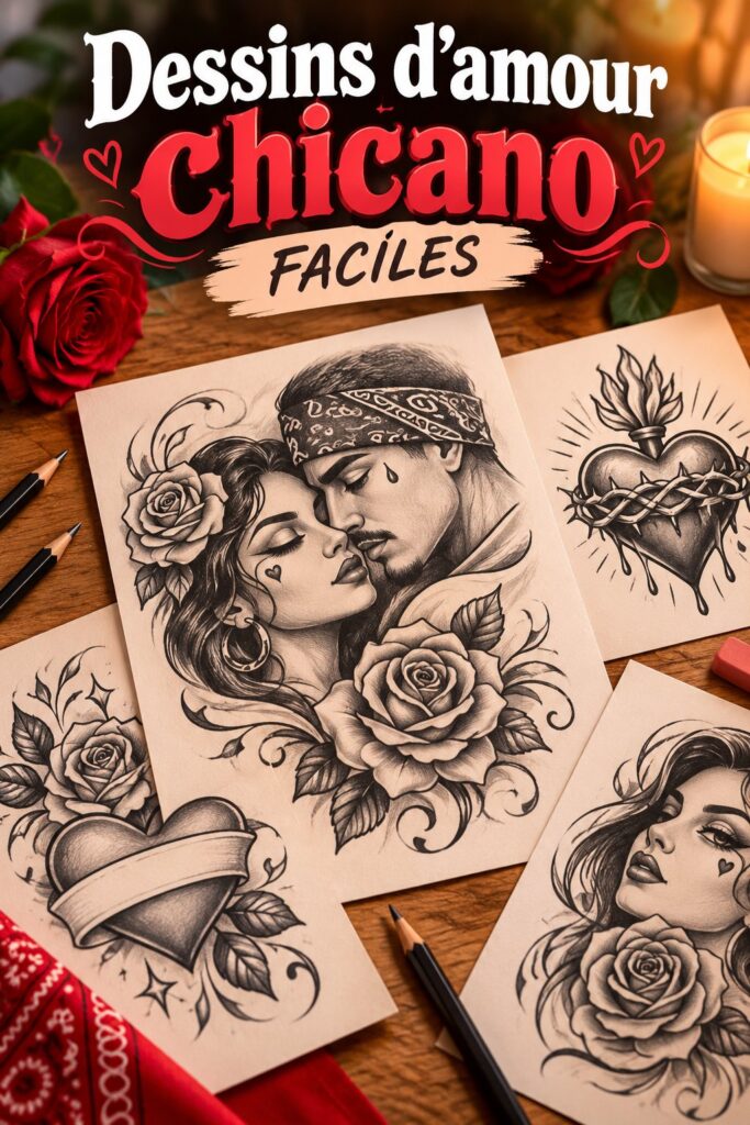 Un dessin d'amour dans le style chicano, coloré et expressif.