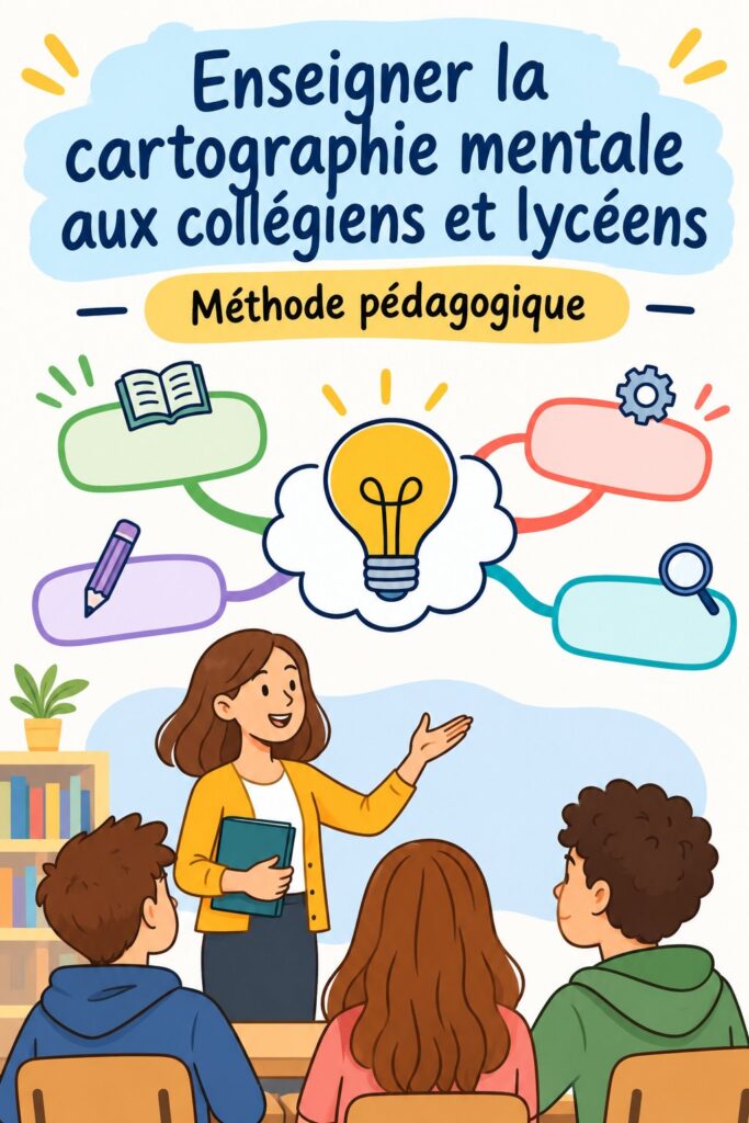 Un groupe de collégiens apprenant la cartographie mentale en classe, avec des exemples de cartes sur tableau.
