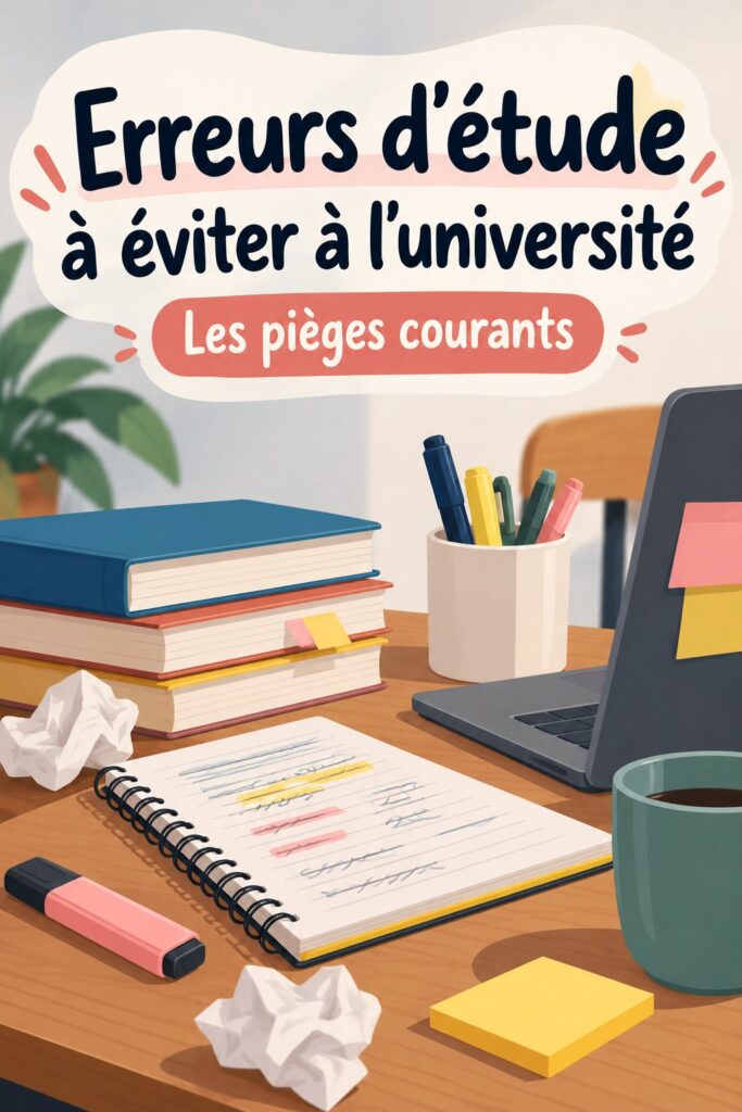 Un étudiant assis à une table d'étude, regardant des notes avec une expression préoccupée, représentant les erreurs d'étude à éviter.