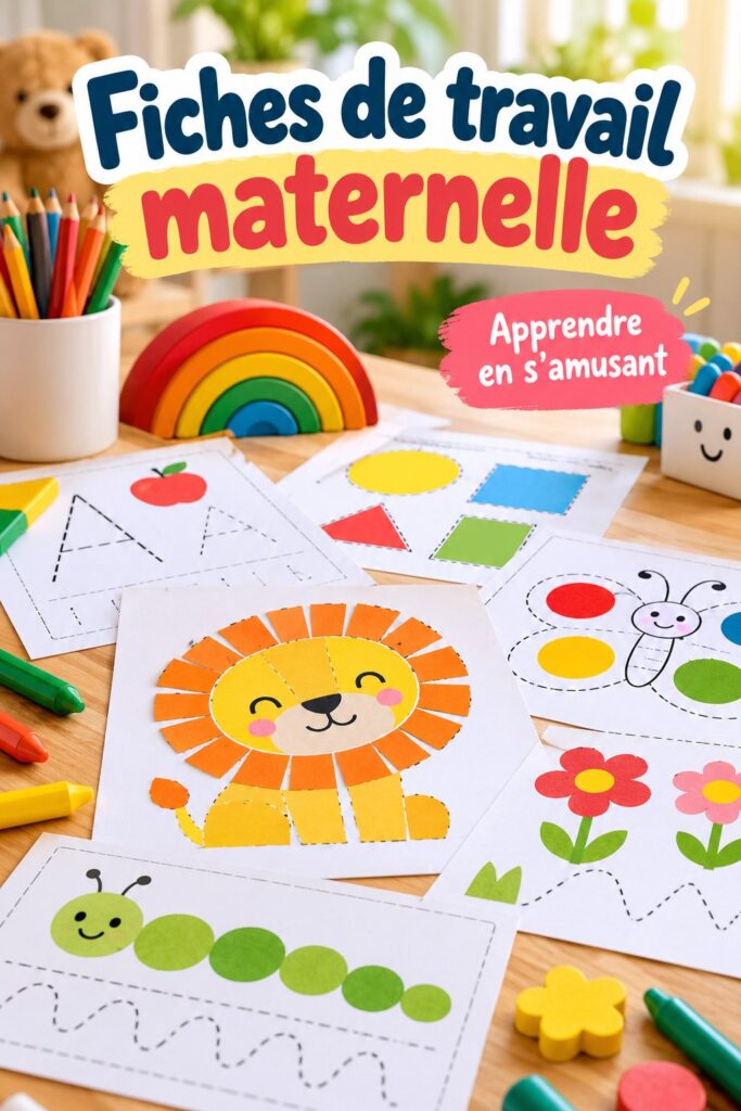 Fiches de travail colorées pour enfants en maternelle sur une table d'activité