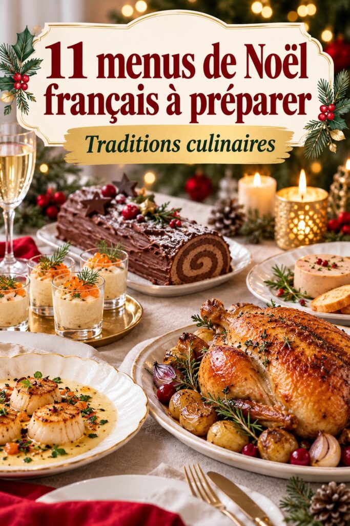 Un élégant dîner de Noël français avec différentes spécialités sur la table.