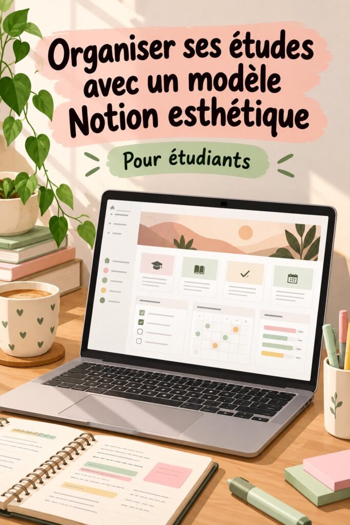 Capture d'écran d'un modèle Notion esthétique pour organiser ses études.