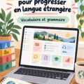 Capture d'écran d'un modèle Notion pour l'apprentissage d'une langue étrangère, montrant des listes et des tableaux.