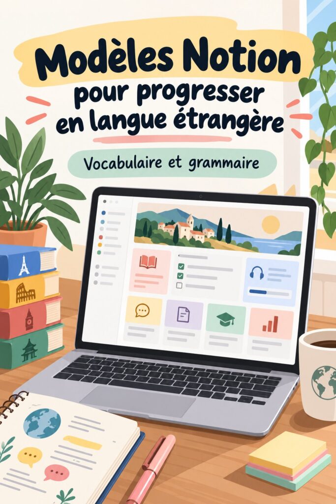 Capture d'écran d'un modèle Notion pour l'apprentissage d'une langue étrangère, montrant des listes et des tableaux.