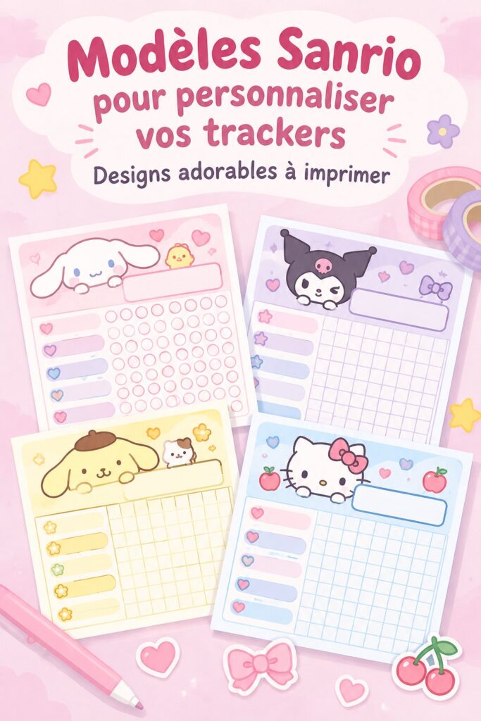 Templates créatifs Mofusand x Sanrio sur un bureau avec des outils d'artisanat.