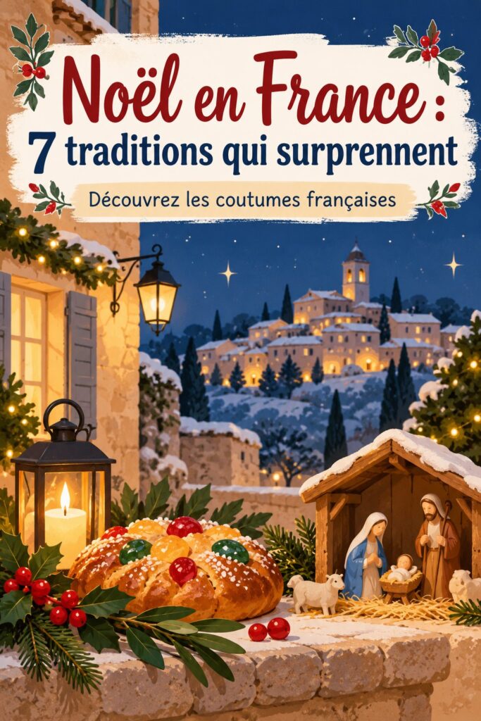 Marché de Noël en France avec des stands illuminés et des décorations festives