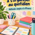 Un collégien étudie avec un calendrier et des fournitures sur son bureau en désordre.
