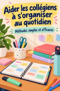 Un collégien étudie avec un calendrier et des fournitures sur son bureau en désordre.