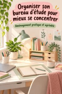 Un bureau d'étude esthétique et bien organisé avec des fournitures scolaires et une décoration inspirante.