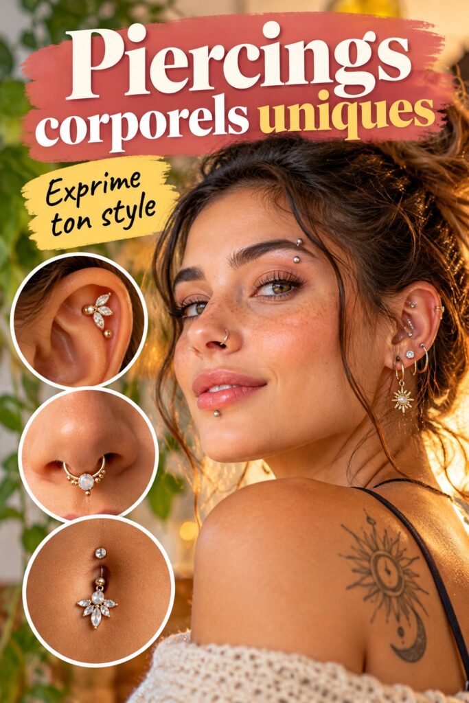 Une sélection de piercings corporels uniques dans un ensemble coloré.