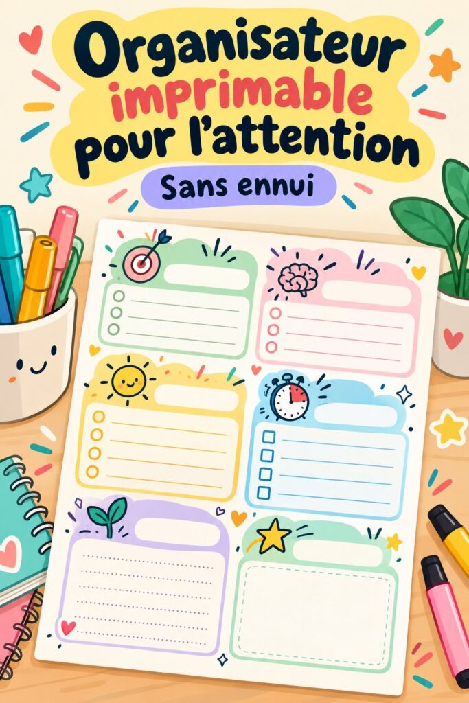 Planificateur ADHD coloré pour enfants sur un bureau, illustration fun