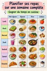Visuel d'un planning de repas hebdomadaire avec des recettes variées et équilibrées