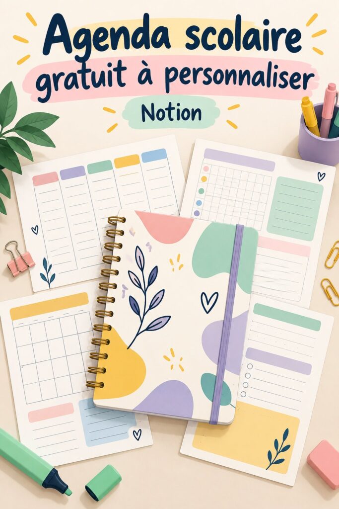 Capture d'écran d'un planner Notion scolaire avec un design organisé et esthétique.