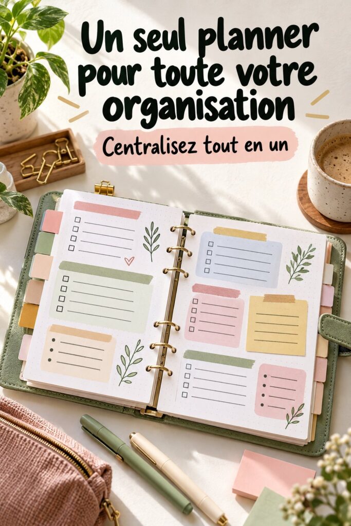 Un planner ouvert sur une table avec des crayons, affichant une page bien organisée.