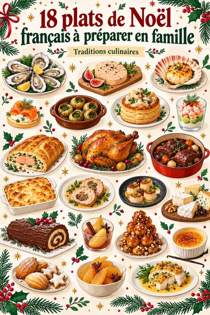 Une table de Noël décorée avec des plats traditionnels français prêts à être dégustés