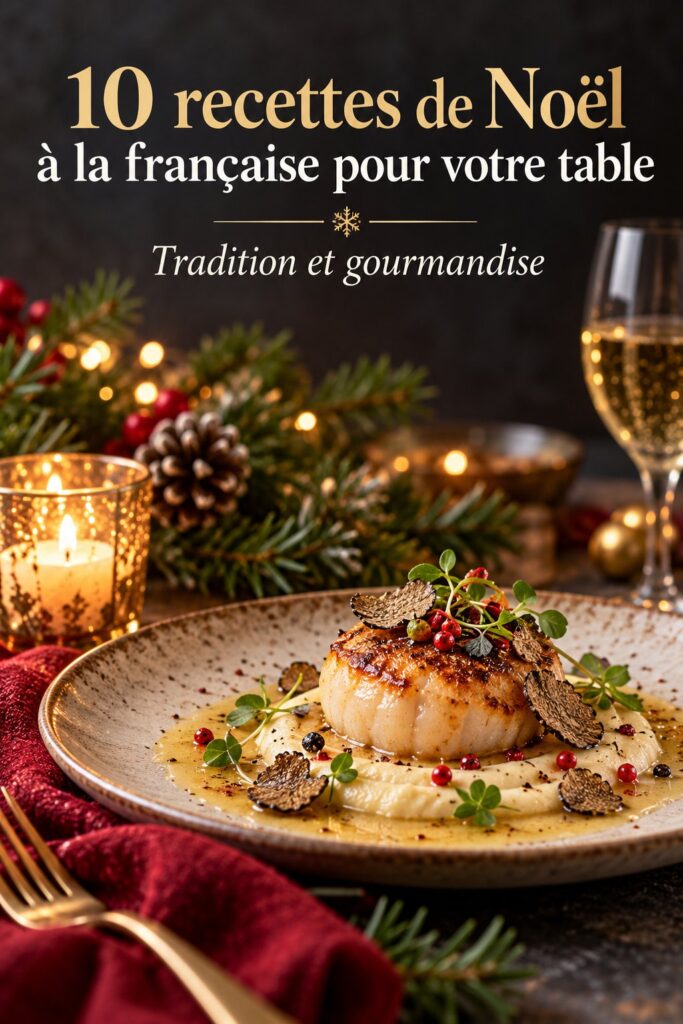 assortiment de plats de Noël français sur une table festonnée