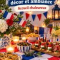 Décoration élégante d'une soirée olympique à la française avec des drapeaux et des fleurs.