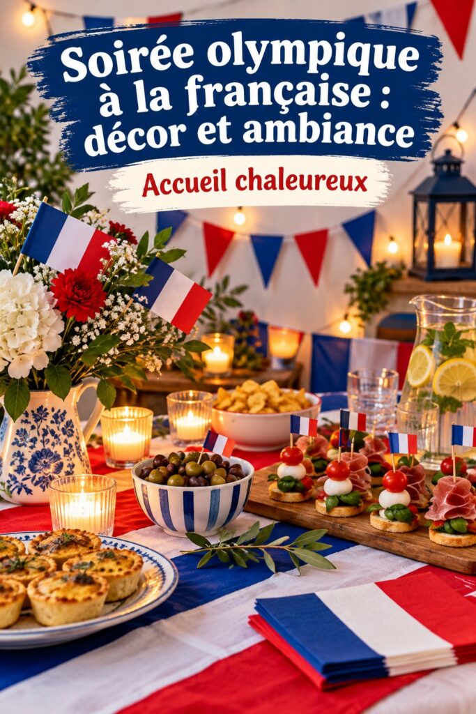 Décoration élégante d'une soirée olympique à la française avec des drapeaux et des fleurs.