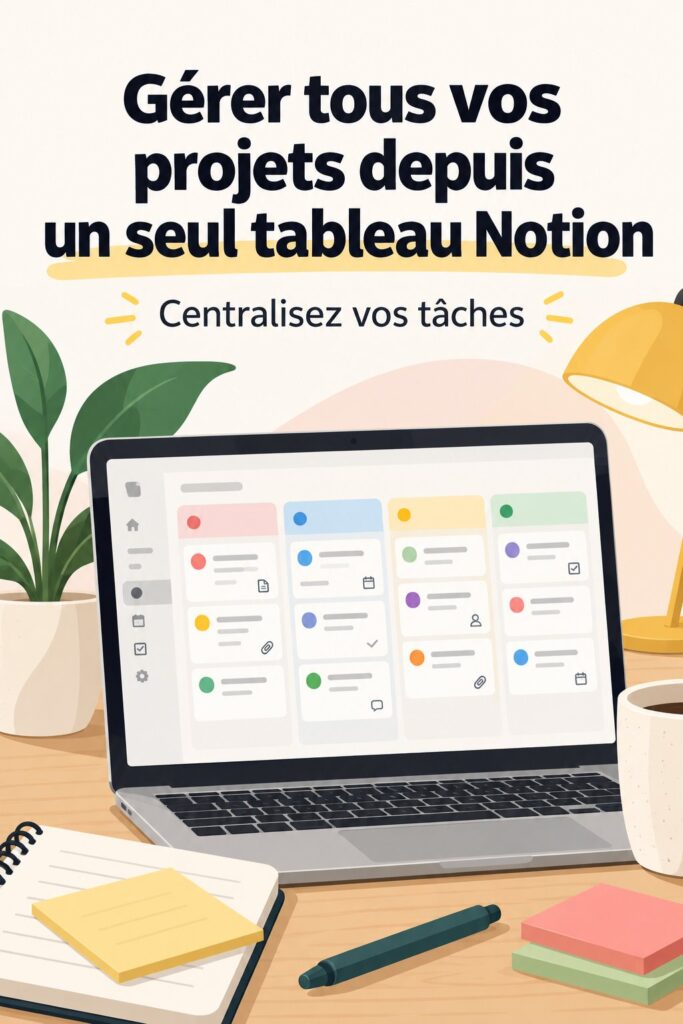 Tableau Notion ouvert avec des projets en cours, illustrant la gestion efficace des tâches familiales