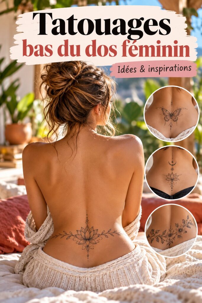 Femme avec un tatouage coloré au bas du dos, mettant en valeur un design floral.