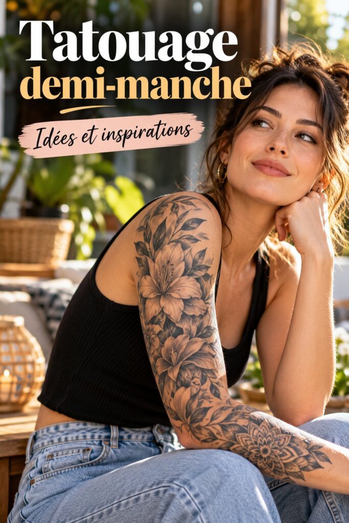 Un exemple de tatouage demi-manche artistique sur peau claire.