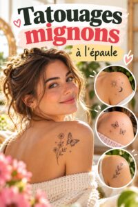 Tatouage mignon sur l'épaule représentant une petite fleur colorée.